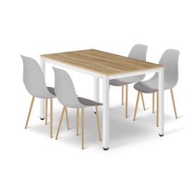   TESSA 120×60 cm asztal szett – tölgy / fehér lábak + 4 db WAT szürke szék natúr lábakkal